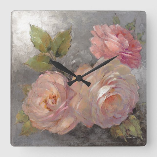 Roses with Grey Square Wall Clock (Front)