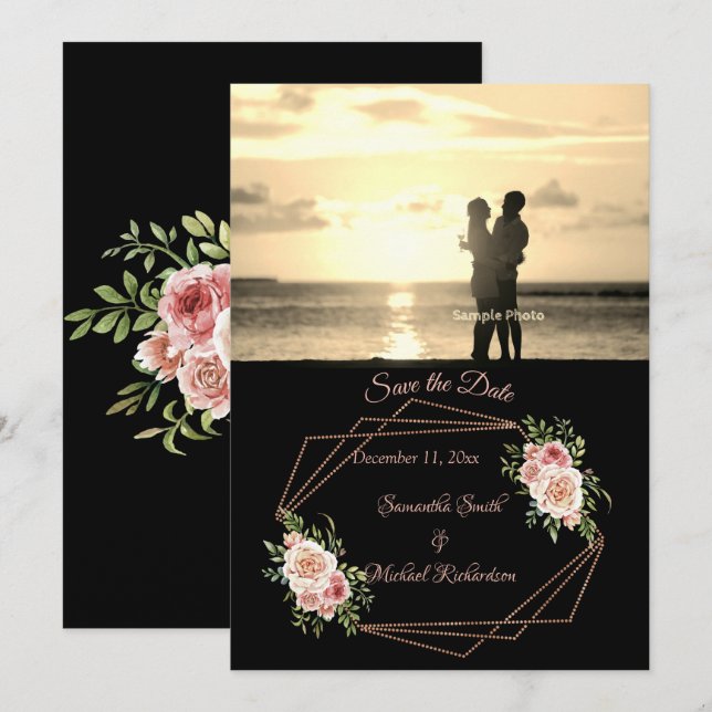 Roses with Rose Gold Geometric Photo Save the Date (Front/Back)