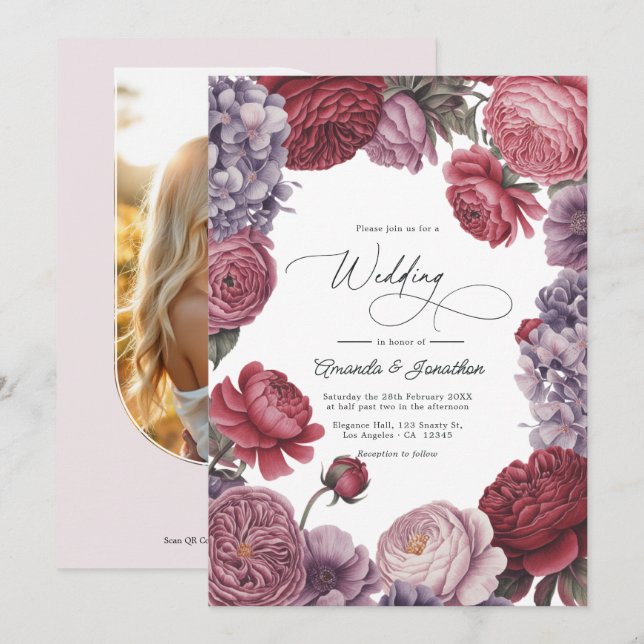 Rosewood and Dusty Lavender Floral Wedding Photo Invitation (Front/Back)