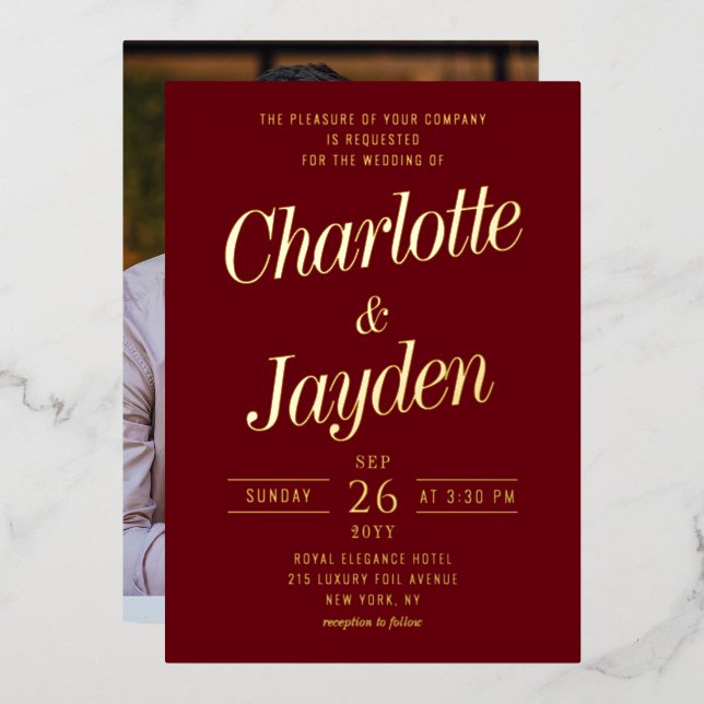 Rosewood Elegant Foil Script Photo Wedding (Front/Back)