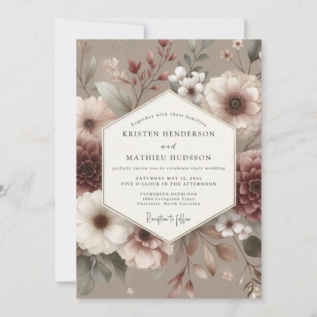 Rosewood Muted Bloom Wedding Invitation (Front)