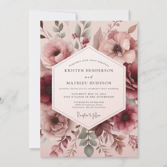 Rosewood Painterly Flora Wedding Invitation (Front)