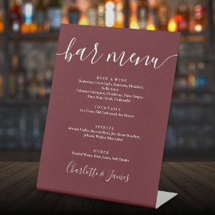 Rosewood Pink Elegant Script Wedding Bar Menu Pedestal Sign