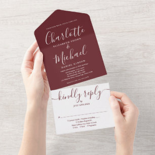 Rosewood Pink Elegant Signature Script Wedding All In One Invitation