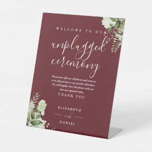 Rosewood Pink Greenery Floral Unplugged Ceremony Pedestal Sign