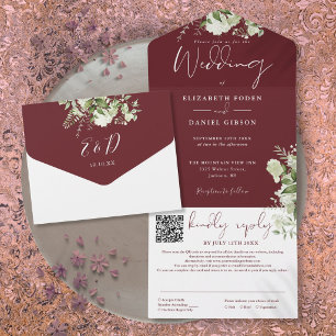 Rosewood Pink Greenery Monogram QR Code Wedding All In One Invitation