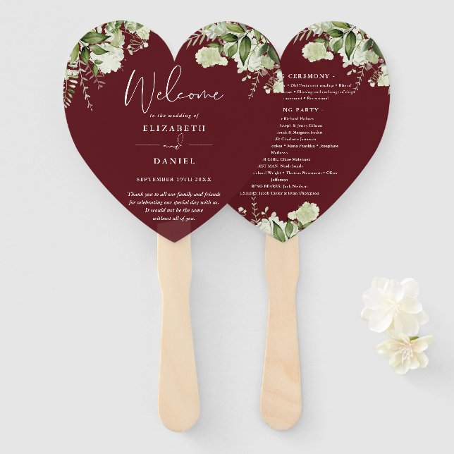 Rosewood Pink Greenery Wedding Program Heart Hand Fan (Front and Back)