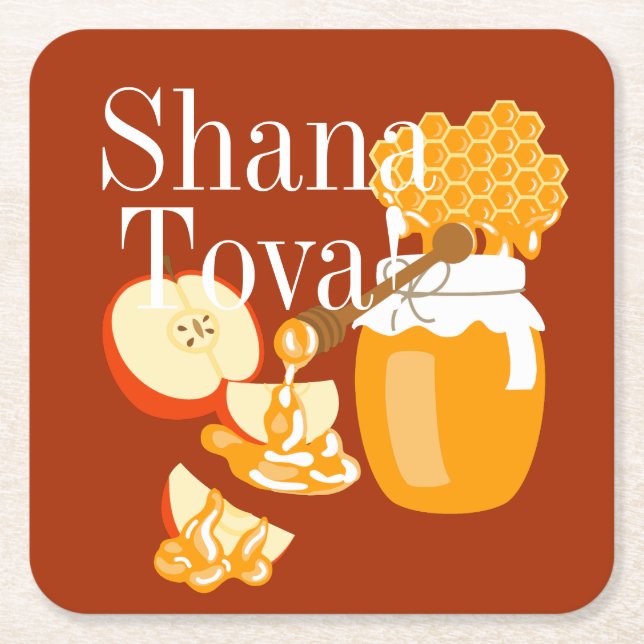 Rosh Hashana Apples and Honey Square Paper Coaster (Front)
