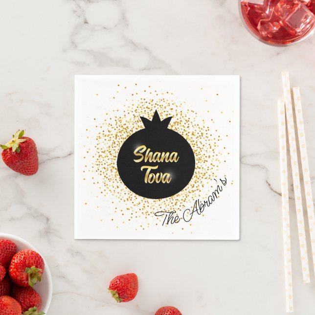 Rosh Hashanah Black-Golden Sparkly Pomegranate Napkin (Insitu)