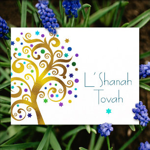 Rosh Hashanah Blue Gold Foil Tree of Life Modern Holiday Postcard