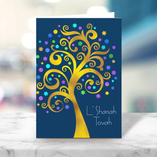 Rosh Hashanah Blue Gold Foil Tree of Life on Navy Card (Creator Uploaded)