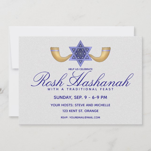 Rosh Hashanah Blue Star of David and Gold Shofars Invitation (Front)
