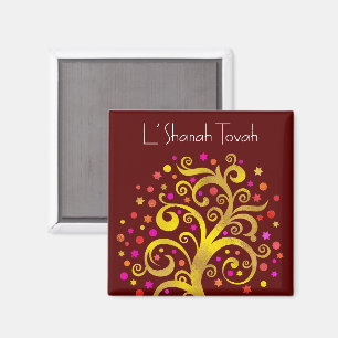 Rosh Hashanah Burgundy Gold Tree of Life Modern Magnet