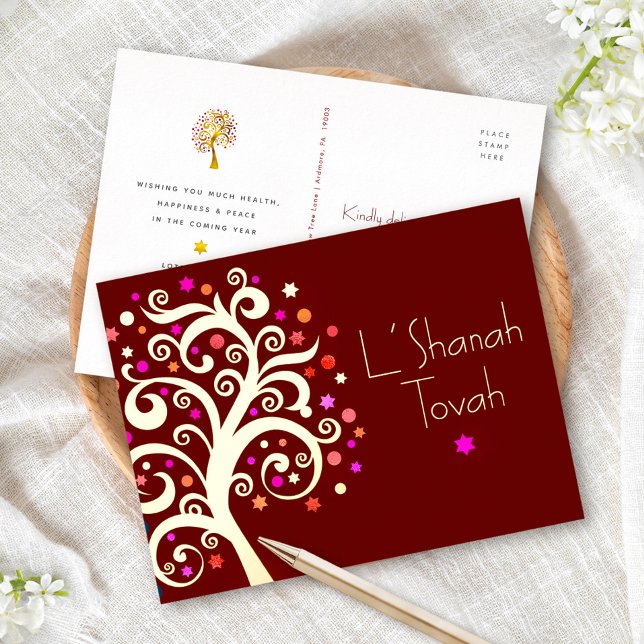 Rosh Hashanah Burgundy Red Tree of Life Real Gold  Foil Holiday Postcard (Creator Uploaded)