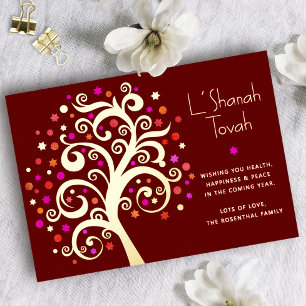 Rosh Hashanah Burgundy Tree of Life Real Gold Foil Holiday Card