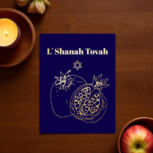 Rosh Hashanah Gold Foil Blue Jewish Foil Holiday Postcard