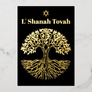 Rosh Hashanah Gold Foil Tree of Life Black Holiday Card
