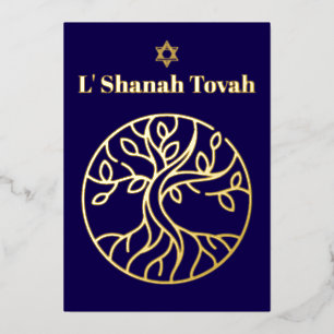 Rosh Hashanah Gold Foil Tree of Life Blue Foil Holiday Card