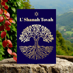 Rosh Hashanah Gold Foil Tree of Life Blue Holiday Card