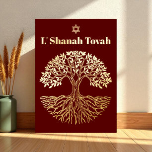 Rosh Hashanah Gold Foil Tree of Life Burgundy Foil Holiday Card
