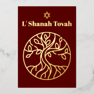 Rosh Hashanah Gold Foil Tree of Life Burgundy Holiday Card