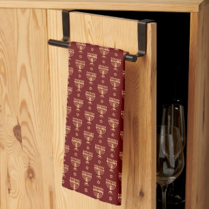 Rosh Hashanah Gold Jewish Menorah Symbol Burgundy Tea Towel