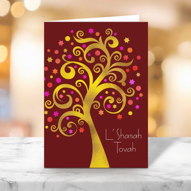 Rosh Hashanah Gold Red Foil Tree of Life, Burgundy Card (Creator Uploaded)