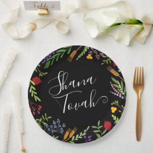Rosh Hashanah Jewish New Year-Shana Tovah on Black Paper Plate