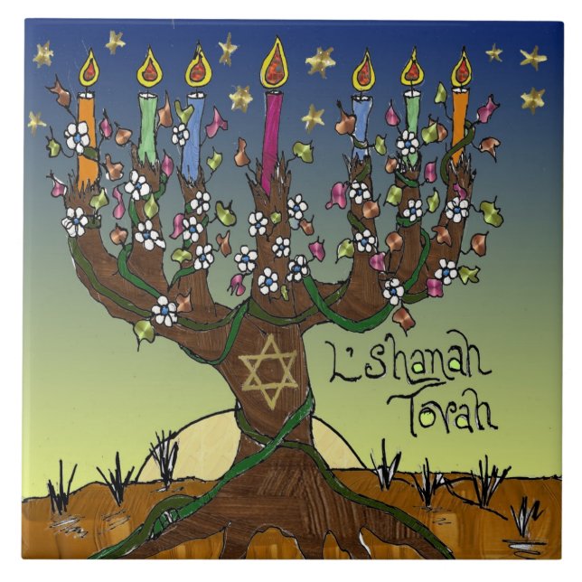 Rosh Hashanah L'Shanah Tovah Tree Of Life Menorah Ceramic Tile (Front)