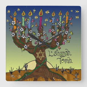 Rosh Hashanah L'Shanah Tovah Tree Of Life Menorah Square Wall Clock