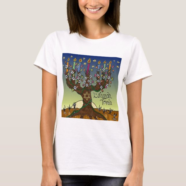 Rosh Hashanah L'Shanah Tovah Tree Of Life Menorah T-Shirt (Front)