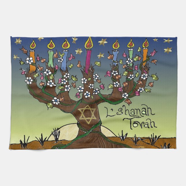 Rosh Hashanah L'Shanah Tovah Tree Of Life Menorah Tea Towel (Horizontal)