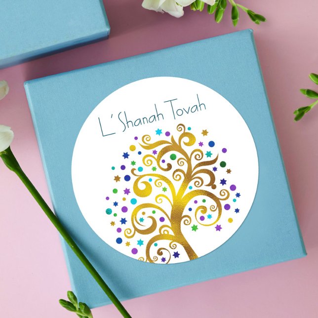Rosh Hashanah Modern Gold Blue Foil Tree of Life Classic Round Sticker (Creator Uploaded)