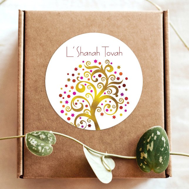 Rosh Hashanah Modern Gold Red Foil Tree of Life Classic Round Sticker (Creator Uploaded)