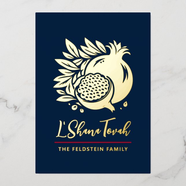 Rosh Hashanah Modern Pomegranate Jewish New Year Foil Holiday Card (Front)