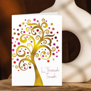 Rosh Hashanah Modern Red Gold Foil Tree of Life Card