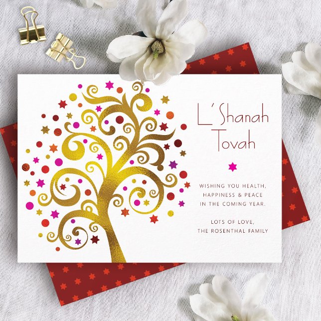 Rosh Hashanah Modern Red Gold Foil Tree of Life Holiday Card (Creator Uploaded)