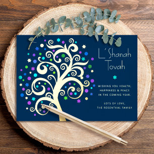 Rosh Hashanah Navy Blue Tree of Life Real Gold  Foil Holiday Card