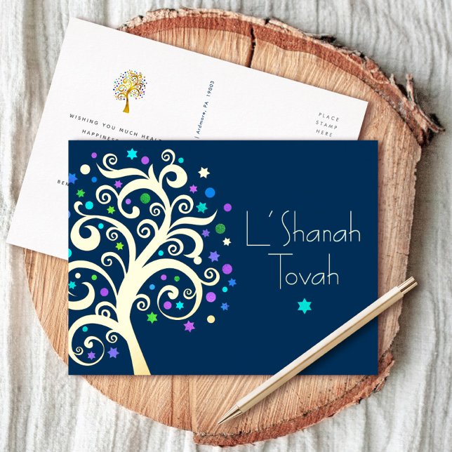 Rosh Hashanah Navy Blue Tree of Life Real Gold  Foil Holiday Postcard (Creator Uploaded)
