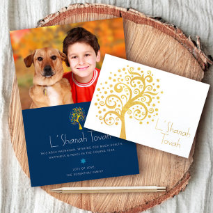 Rosh Hashanah Navy Tree of Life Photo Real Gold Foil Card
