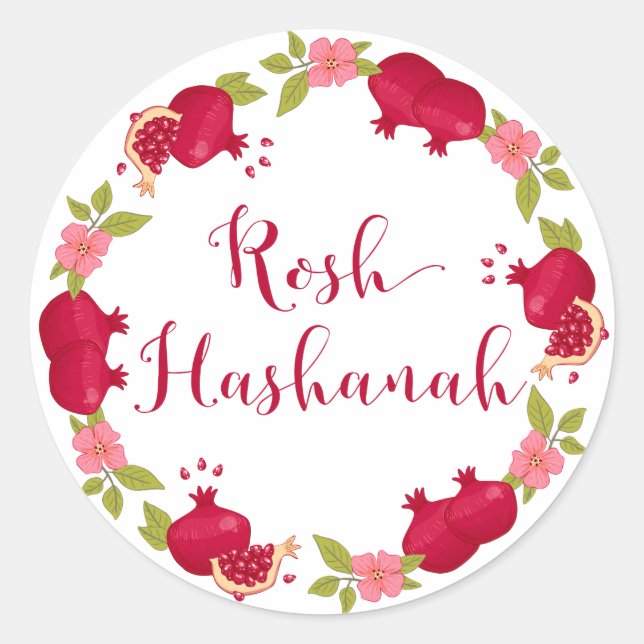 Rosh Hashanah New Year Pomegranate Flower Wreath Classic Round Sticker (Front)