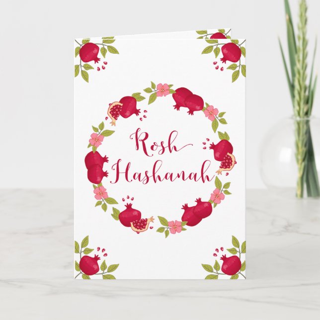 Rosh Hashanah New Year Pomegranate Flower Wreath Holiday Card (Front)