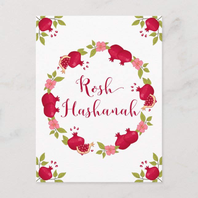 Rosh Hashanah New Year Pomegranate Flower Wreath Holiday Postcard (Front)