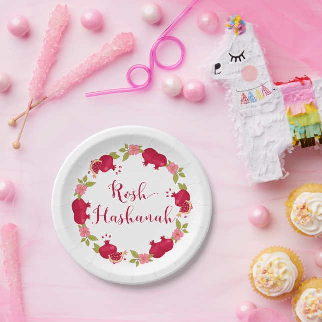 Rosh Hashanah New Year Pomegranate Flower Wreath Paper Plate (Party)