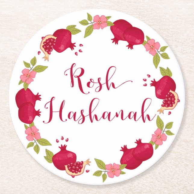 Rosh Hashanah New Year Pomegranate Flower Wreath Round Paper Coaster (Front)