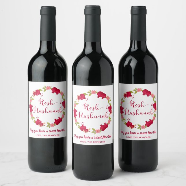 Rosh Hashanah New Year Pomegranate Flower Wreath Wine Label (Bottles)