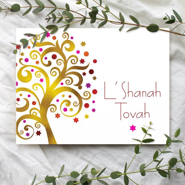 Rosh Hashanah Red Gold Foil Tree of Life Modern Holiday Postcard (Creator Uploaded)