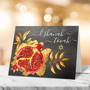 Rosh Hashanah Red Gold Pomegranate Watercolor Grey Card