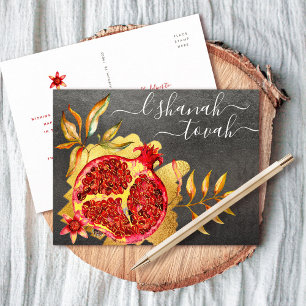Rosh Hashanah Red Gold Watercolor Pomegranate Grey Holiday Postcard