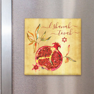 Rosh Hashanah Red Pomegranate Watercolor Gold Chic Magnet